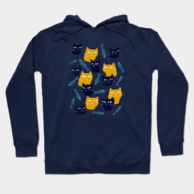 Blue and yellow cats with fish Hoodie by iulistration